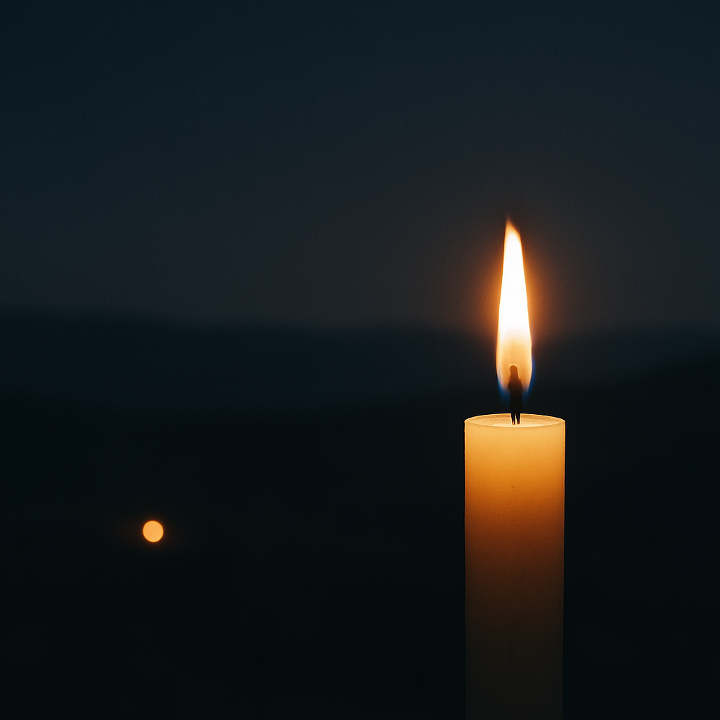 A candel burning in the darkness.